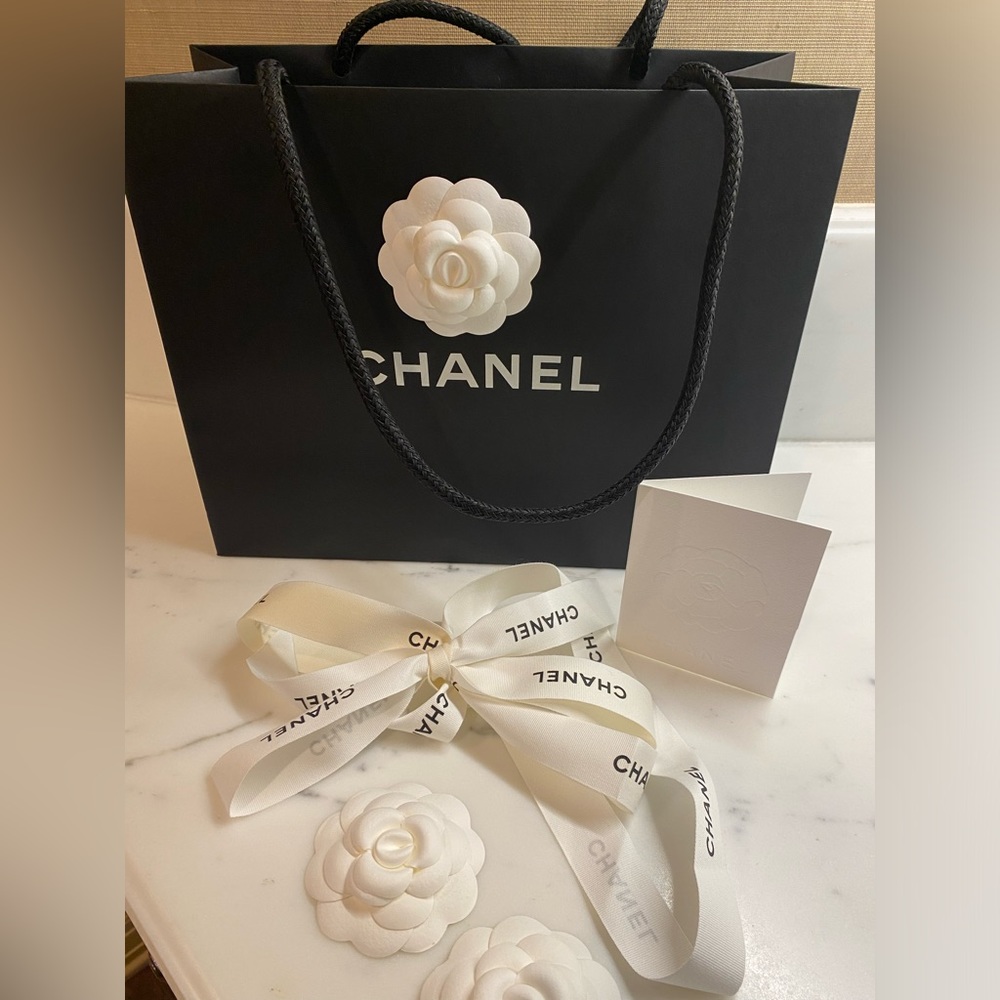 Chanel empty bag 12x9.5 and Chanel ribbon 3 flower camellias